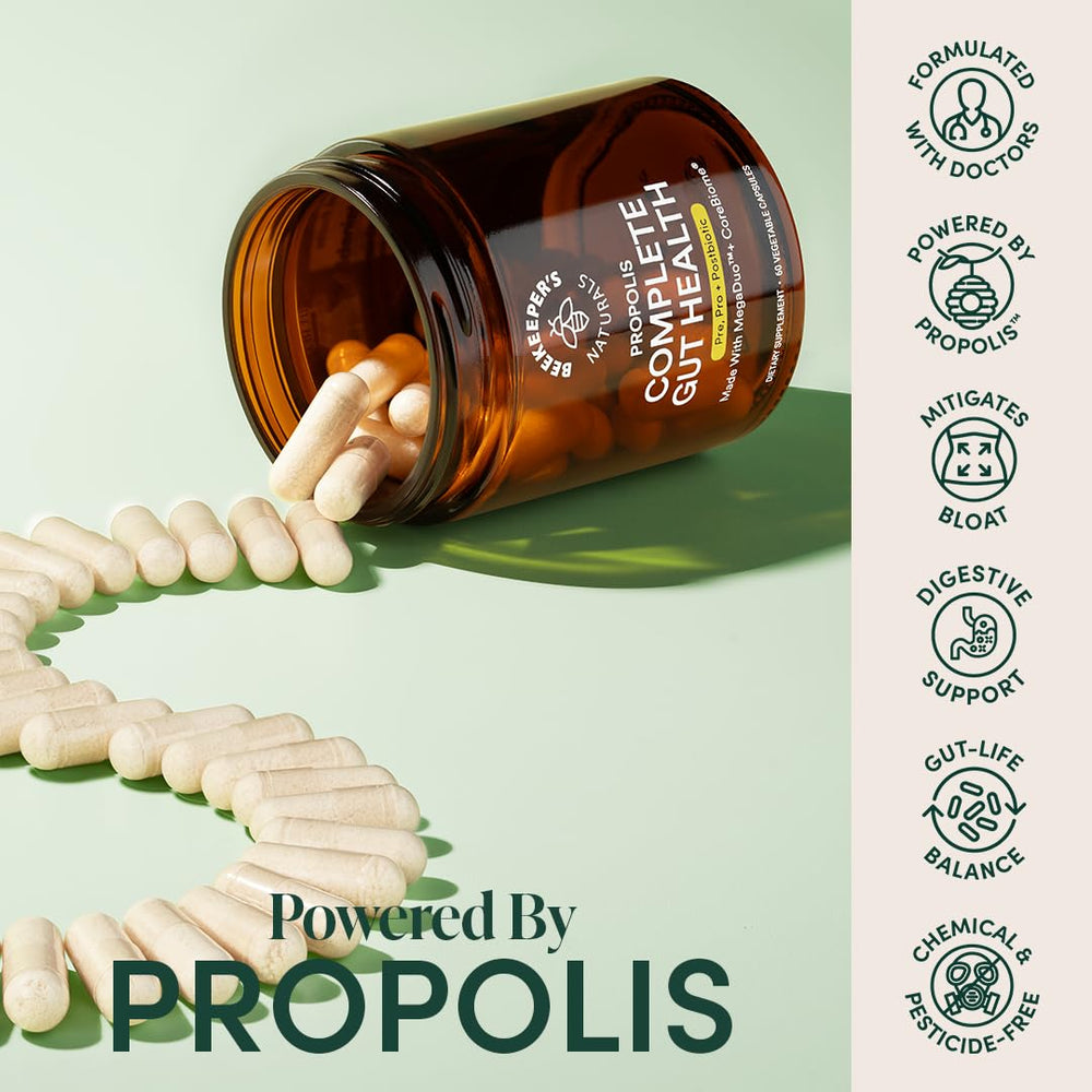 Beekeeper's Naturals Complete Gut Health propolis detail highlights prebiotic action.