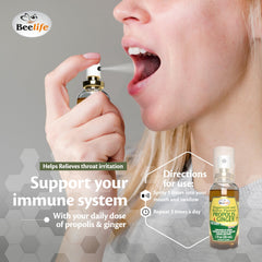 Beelife Propolis Throat Spray 3-pack box highlights value and convenience.