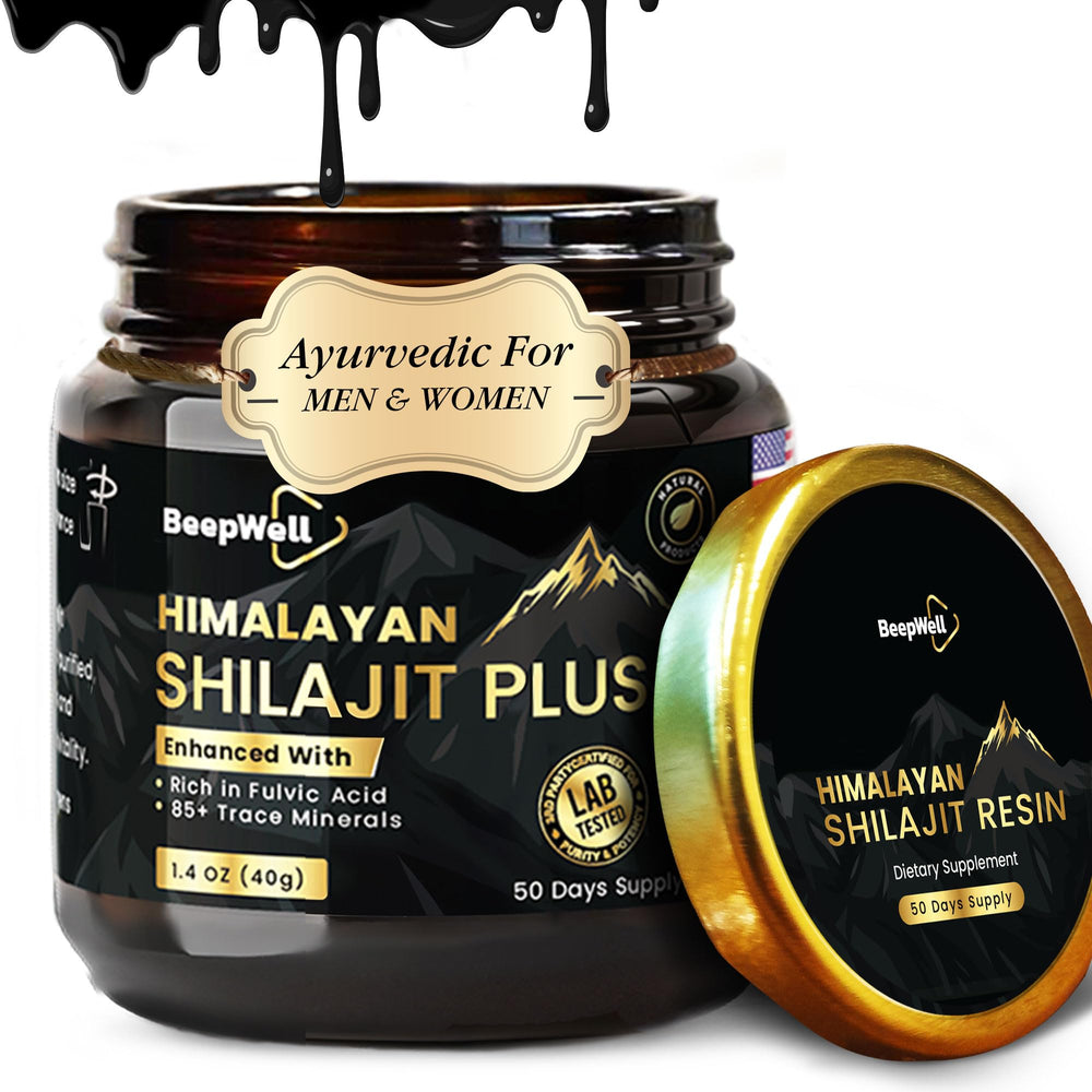 BeepWell Shilajit resin jar closeup showing rich texture for vitality