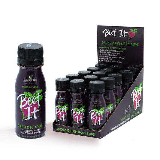 BEET IT Circulation bottle front with organic beet juice shots for daily use.