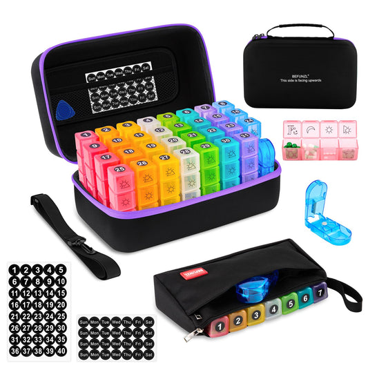 BEFUNZL monthly pill organizer in a hard-shell case for secure travel storage.