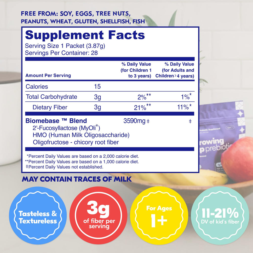 Begin Health Growing Up Prebiotics scoop in hand for quick, precise servings.