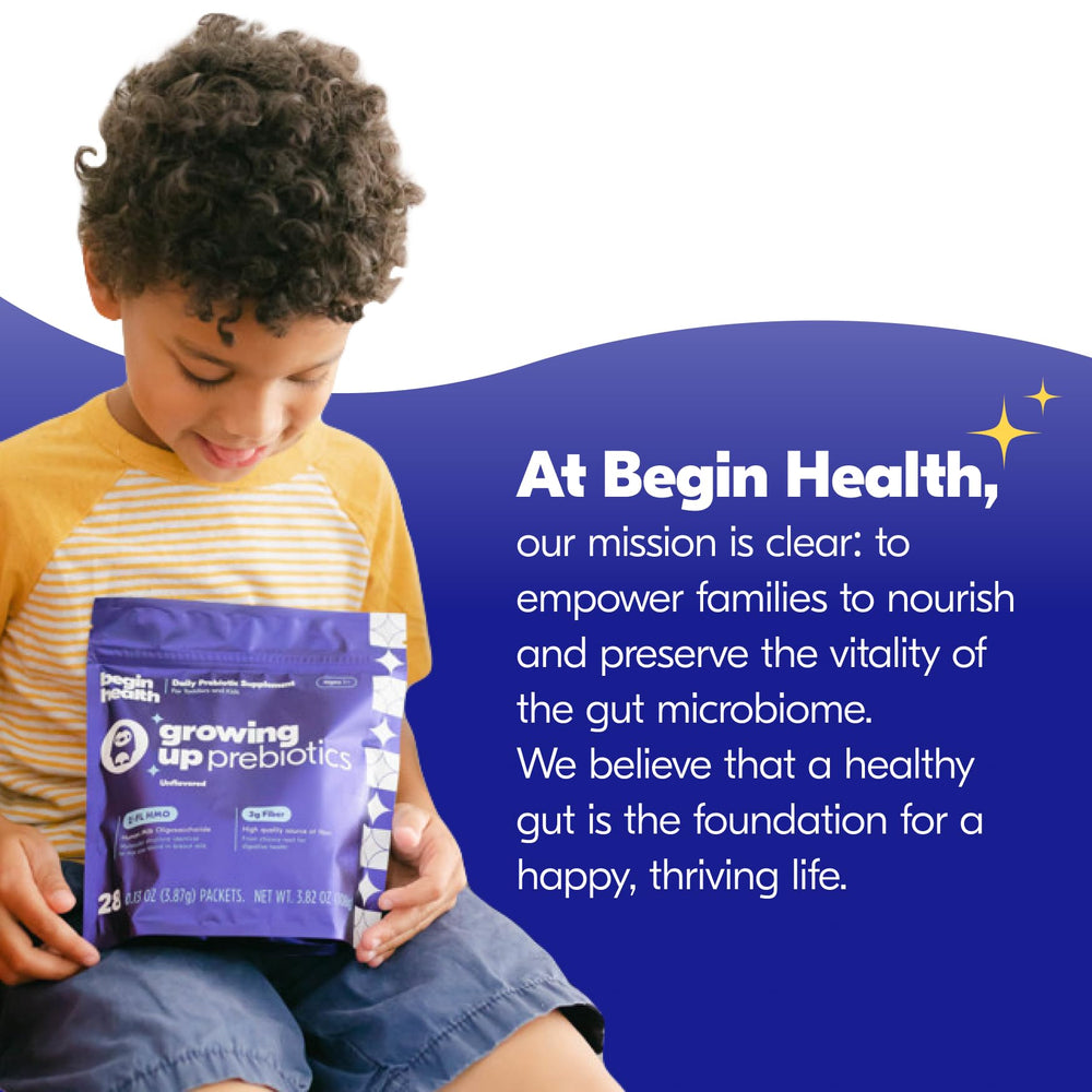 Begin Health Growing Up Prebiotics third-party testing badge on label.