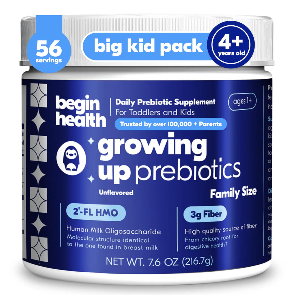 Begin Health Growing Up prebiotics for kids, 56-pack box, supports gentle gut wellness.