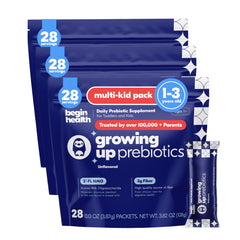 Begin Health Growing Up Prebiotics powder in bottle boosts daily gut comfort