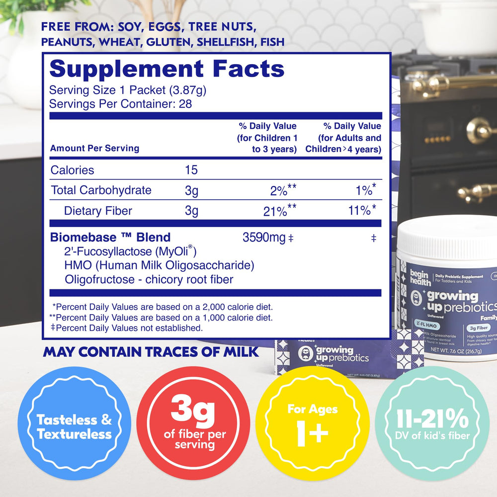 Begin Health prebiotic soluble powder for kids helps softer stools and easier daily mixing.