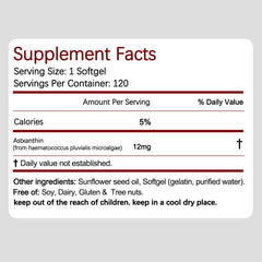 Nutrition label on Belano's Astaxanthin bottle close-up.