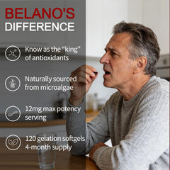 Belano's Astaxanthin softgels close-up highlighting natural pigment content.