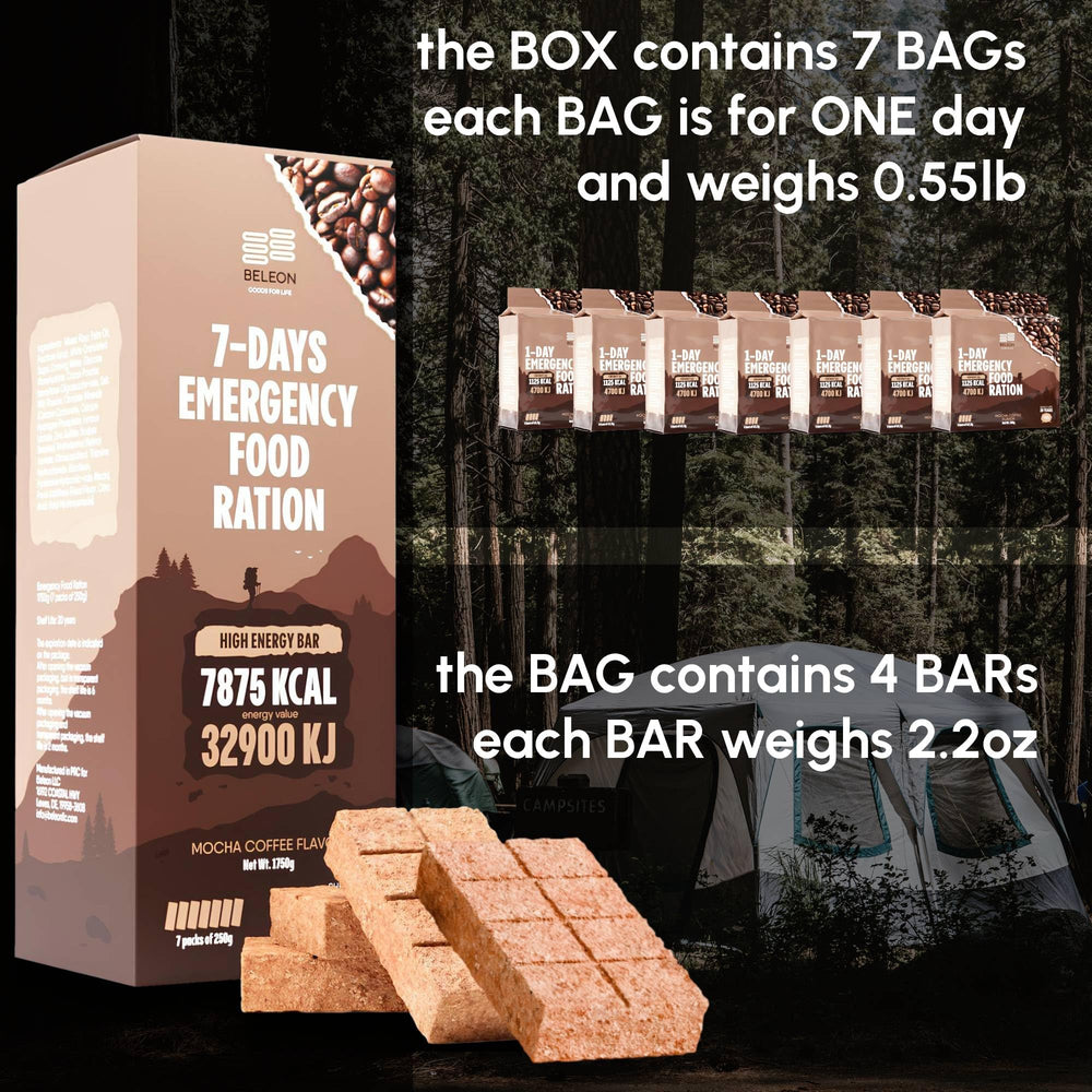 Beleon Coffee Mocha Survival Ration nutrition label indicates essential nutrients for emergencies.