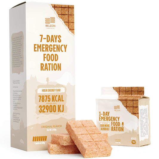Beleon Emergency Food Original Survival Ration pack showing vacuum-sealed energy blocks for travel