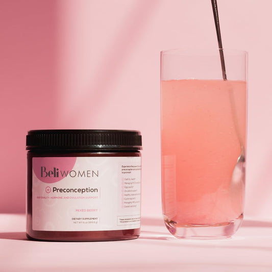 Beli preconception supplement bottle shown for fertility support and everyday wellness.