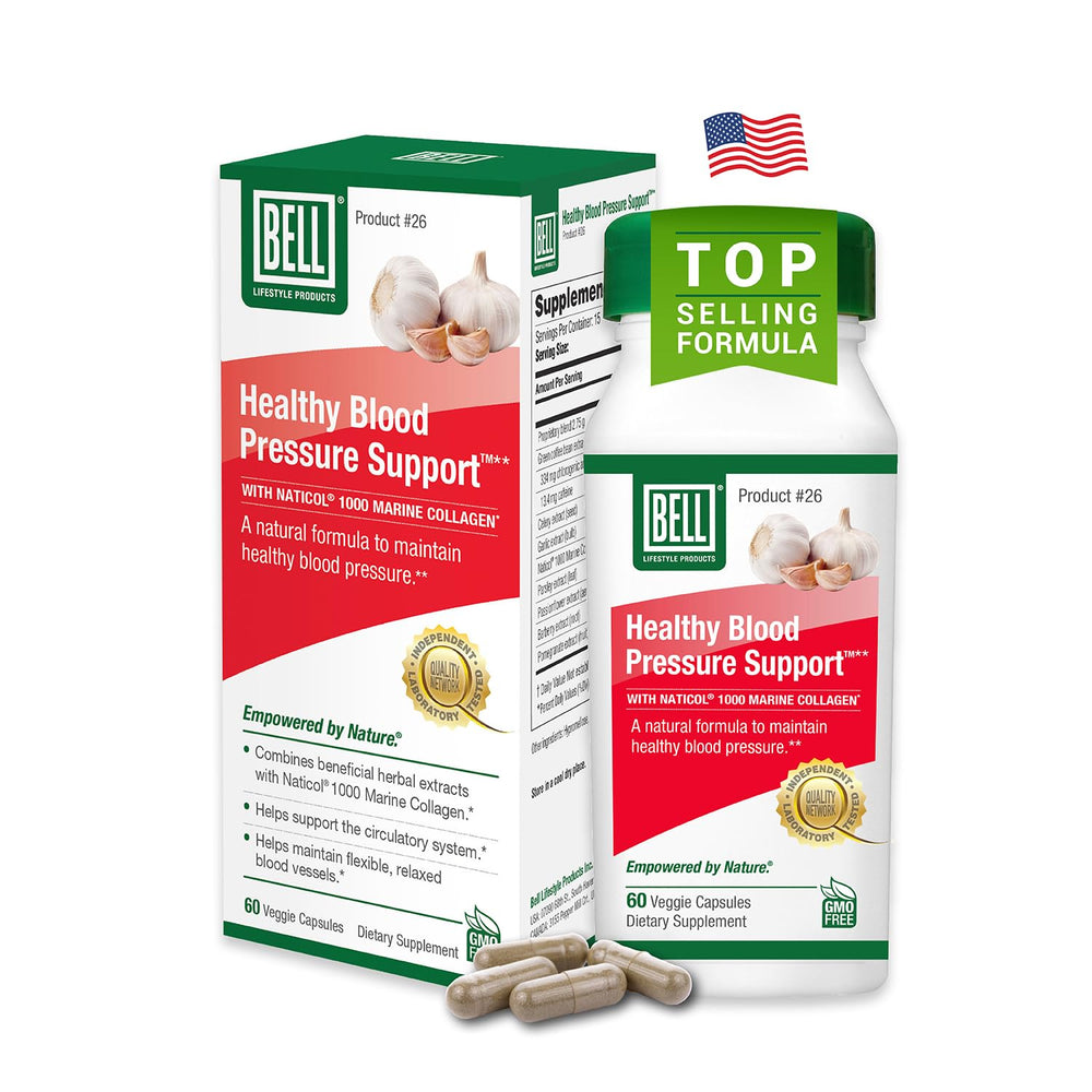 Bell Healthy Blood Pressure Support bottle front showing 60 vegan capsules for cardiovascular wellness