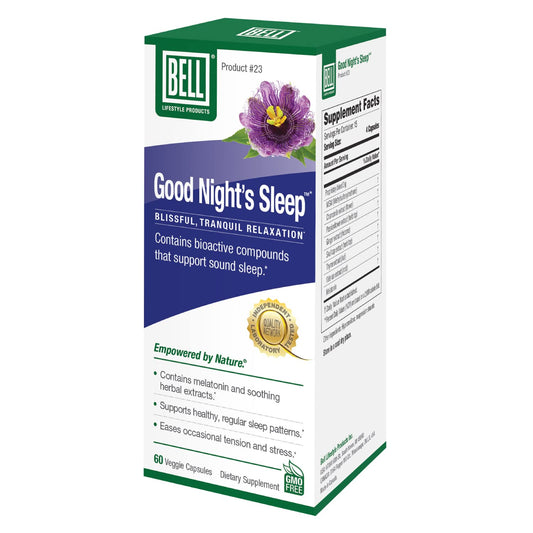 Bell Lifestyle Good Night's Sleep bottle showing calming herbal support for nightly routines