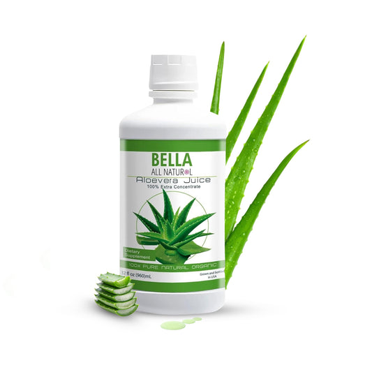 Bella All Natural Aloe Vera Juice bottle 32-oz, pure hydration for daily use.