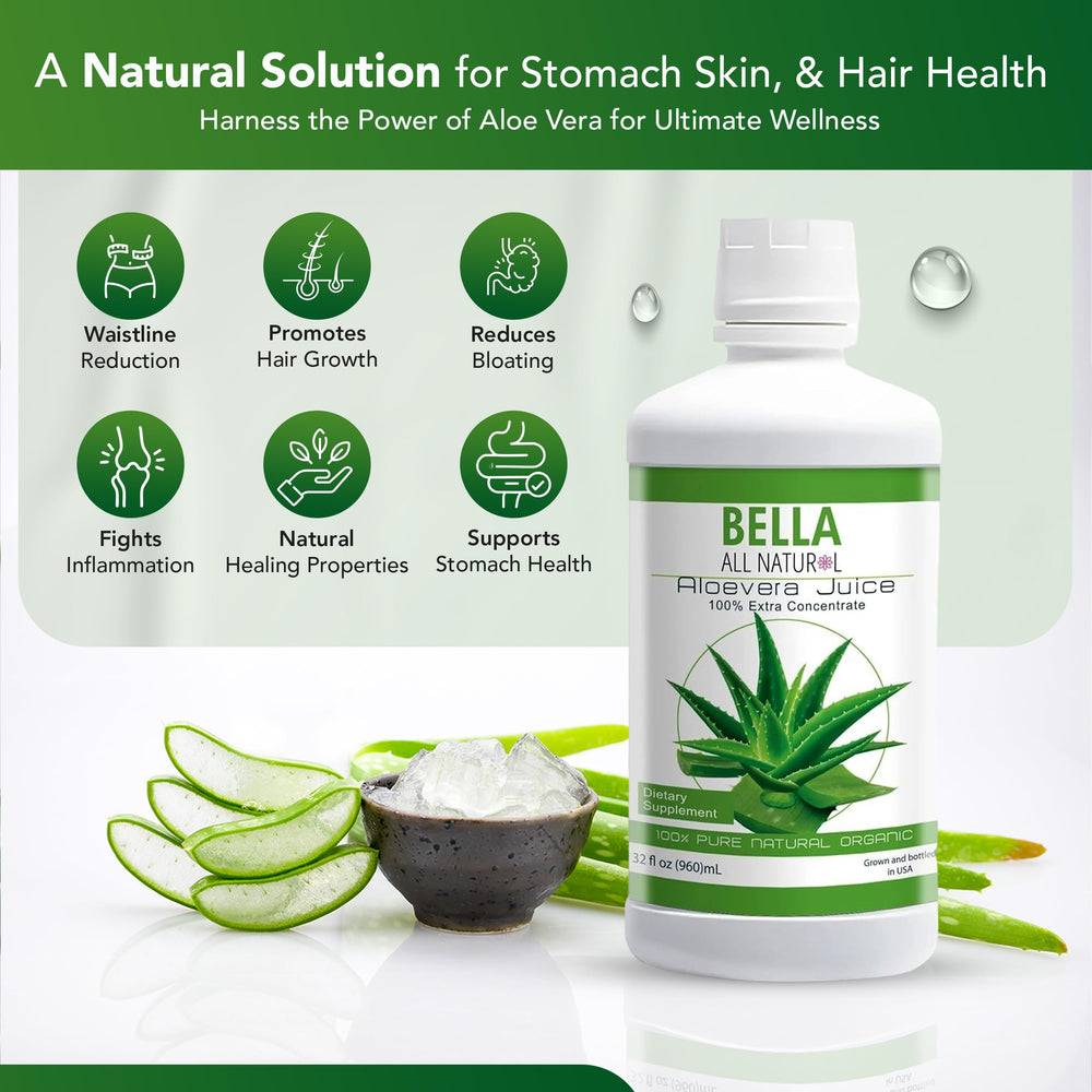 Bella All Natural Aloe Vera Juice on skin promotes hydration and glow.