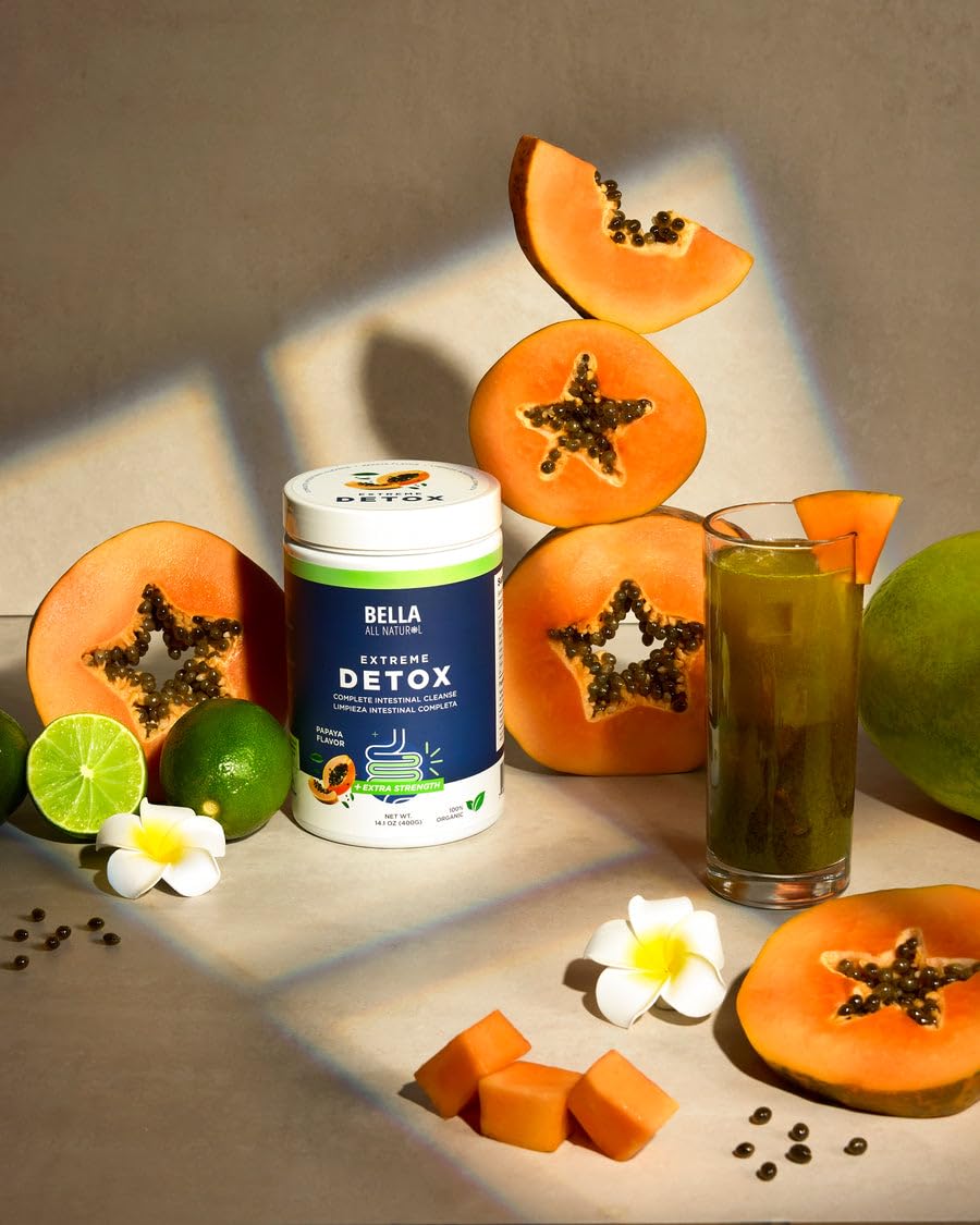 Bella All Natural Extreme Detox Papaya carton packaging highlights natural, sugar-free formula.