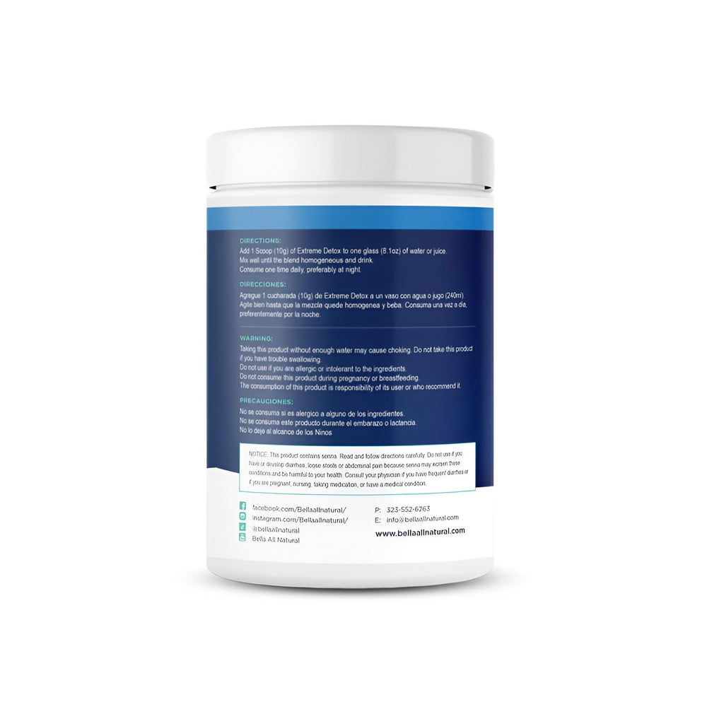 Bella All Natural Extreme Detox Powder dissolving in water in a bright setting.