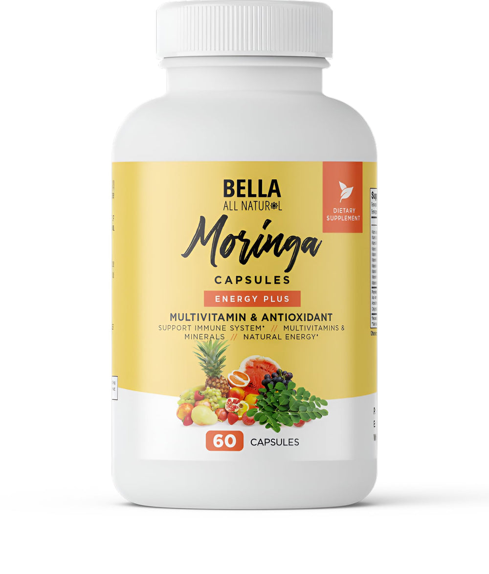 Bella All Natural Moringa bottle front, convenient daily wellness support