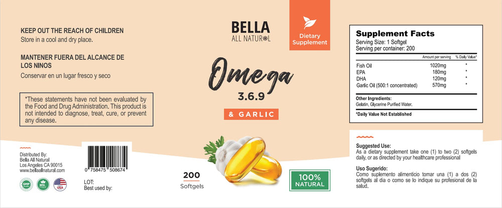 Nutrition label of Bella All Natural Omega-3-6-9 garlic oil for tracking intake.
