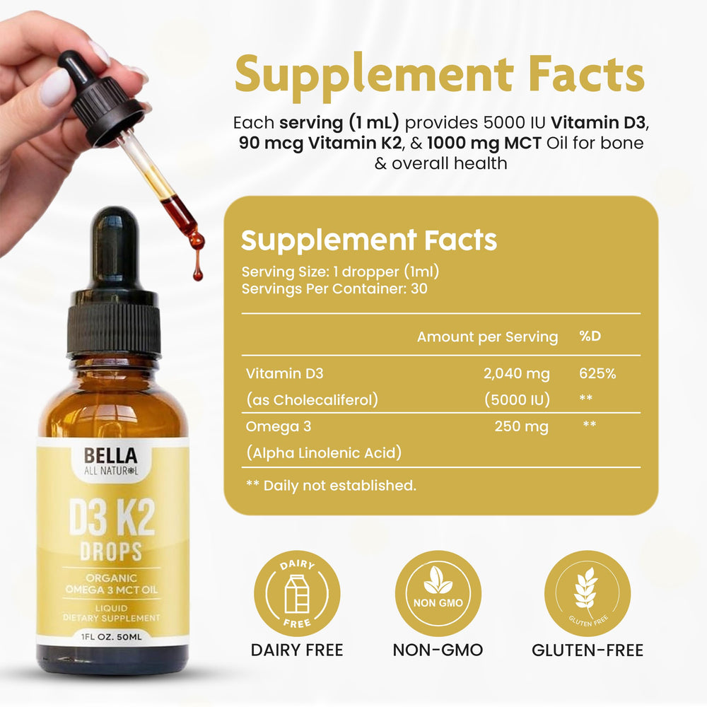 Bella All Natural D3 K2 liquid drops dropper enables precise dosing on the go.