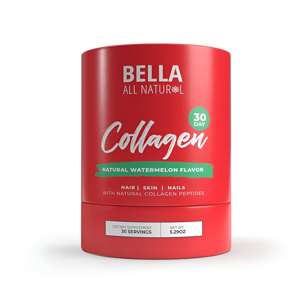 Bella All Natural Watermelon Collagen powder tub label shows natural ingredients