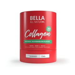 Bella All Natural Watermelon Collagen powder tub label shows natural ingredients