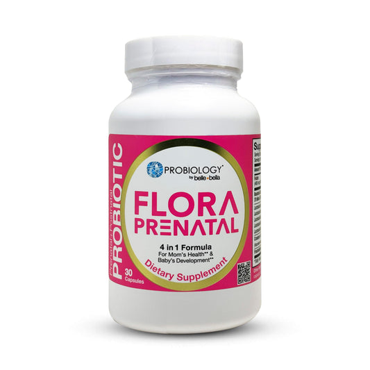 Belle Bella Probiology Flora bottle shown, prenatal support and UT health.
