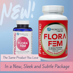 Belle+Bella Probiology Flora Fem capsules closeup highlighting 20B live cultures for microbiome support