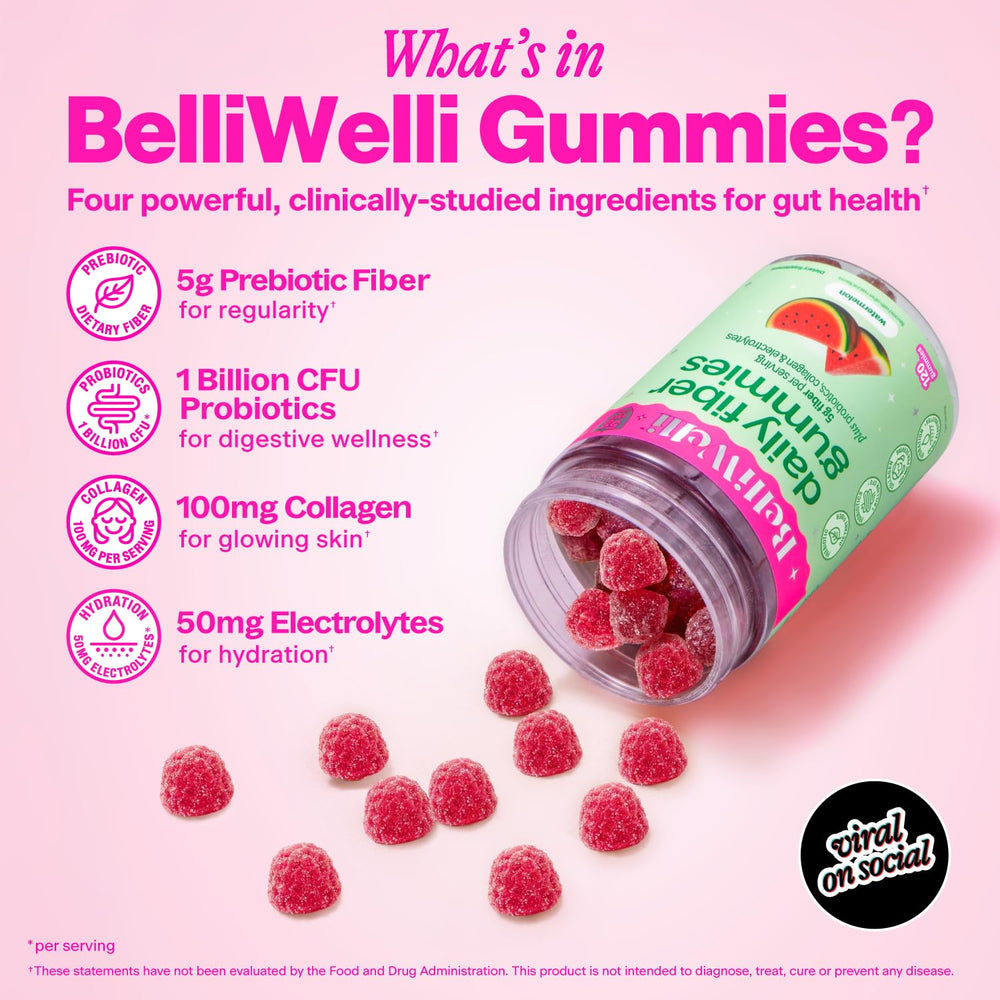 Belli Welli fiber gummies close-up texture shows chewy, tasty form.