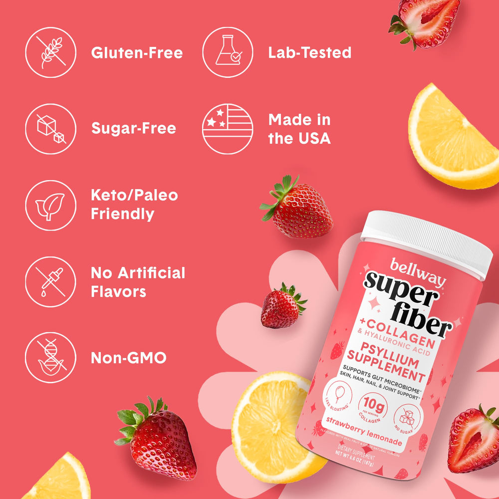 Bellway Super Fiber Powder label detail emphasizing real-fruit flavor and USA production.