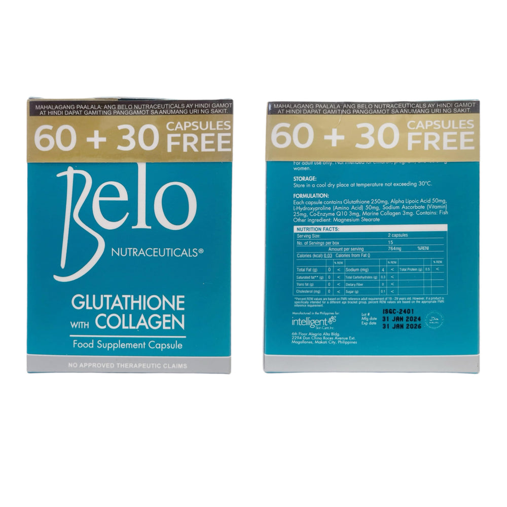 Belo Essentials capsules closeup highlighting antioxidant blend for skin health