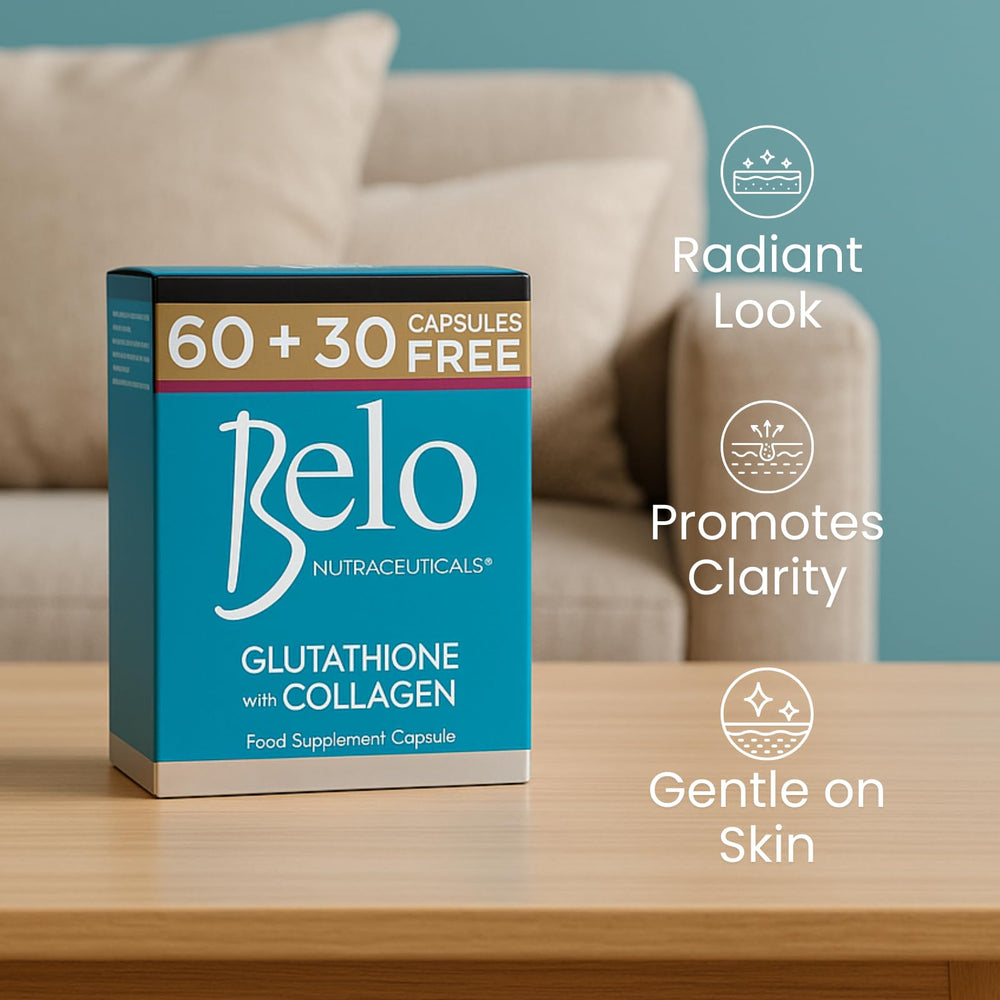 Belo Nutraceuticals Glutathione + Collagen label emphasizes antioxidant support