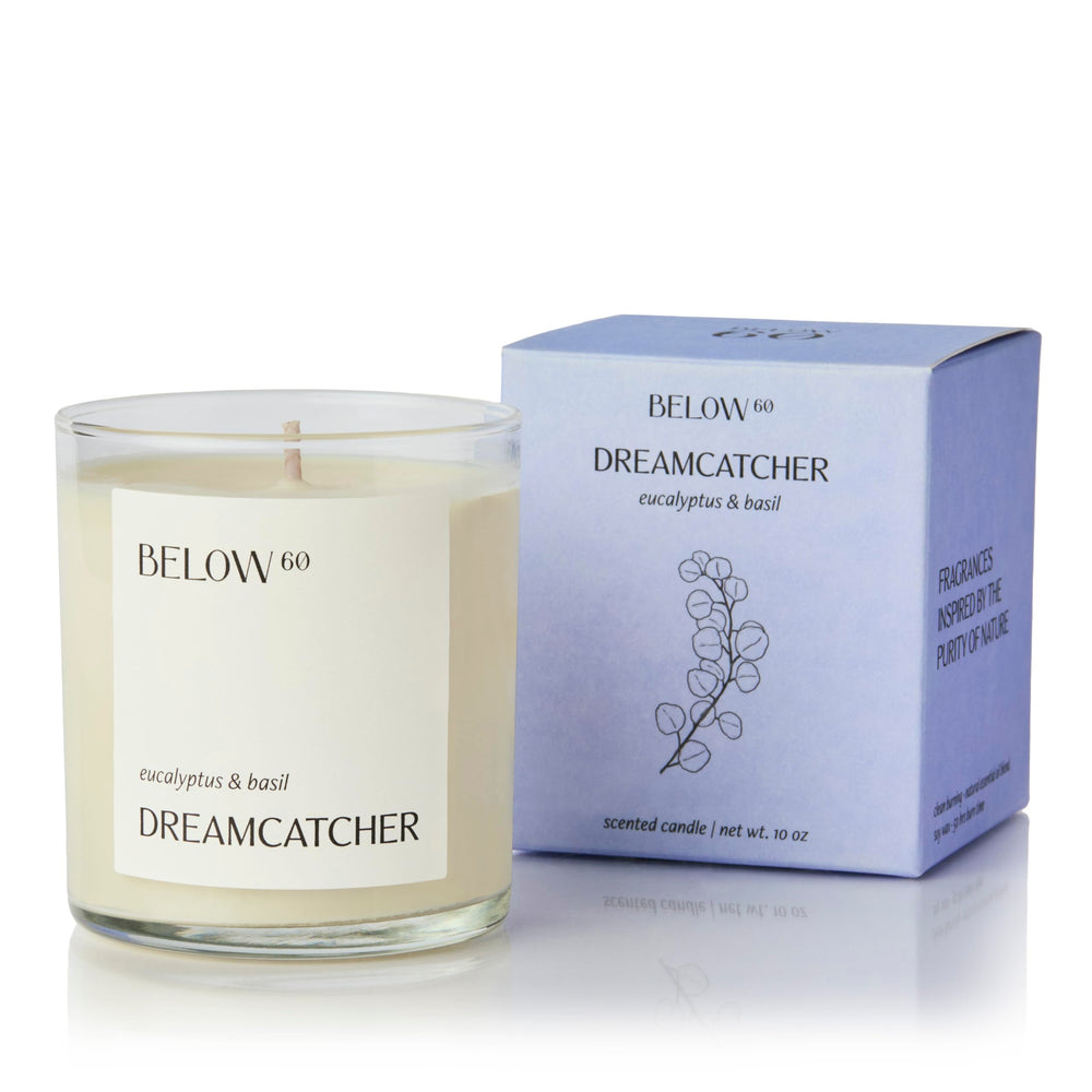 Below 60 Dreamcatcher candle soy wax detail highlights eco-friendly burn and fragrance.