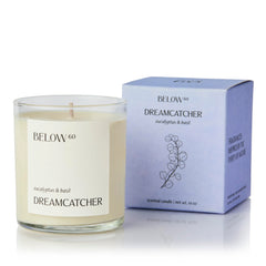 Below 60 Dreamcatcher candle soy wax detail highlights eco-friendly burn and fragrance.