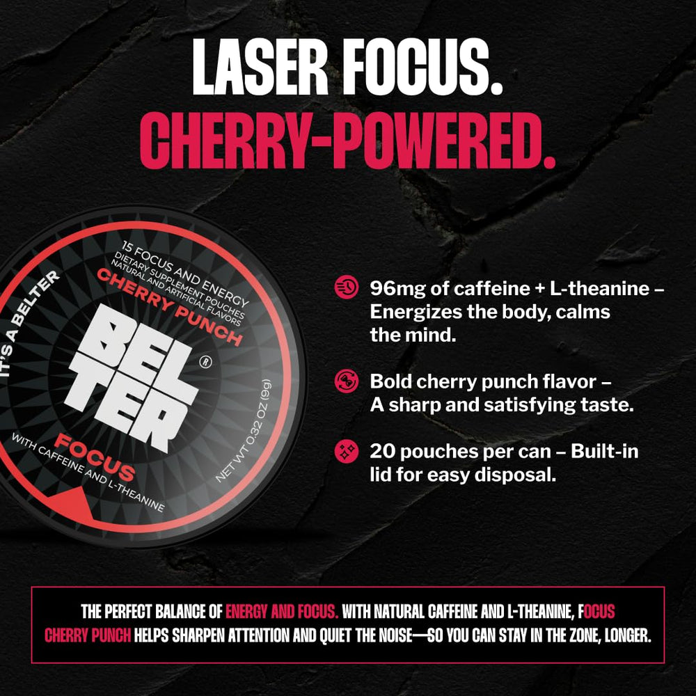 BELTER Focus Cherry Punch pouch in hand for portable, discreet energy during workouts.