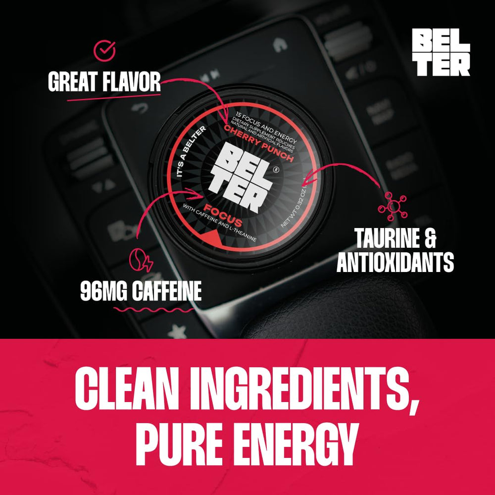 BELTER Focus Cherry Punch is a compact energy aid for gym or gaming sessions.