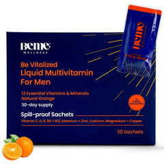 BeMe liquid multivitamins for men orange sachet ready for on the go nutrition.