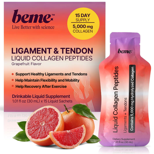 BeMe Tendon and Ligament Supplements bottle showing 5,000 mg collagen peptides for connective tissue support.