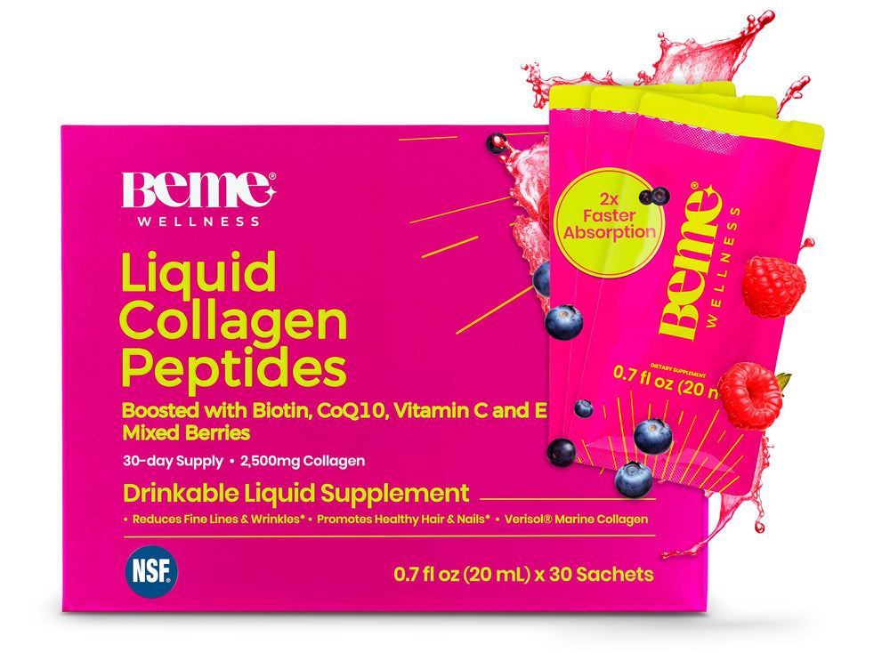 BeMe Liquid Collagen bottle pour—fast-absorption formula for on-the-go beauty.
