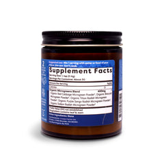 BeMicro red cabbage microgreens powder bottle emphasizes antioxidant-rich greens for resilience.