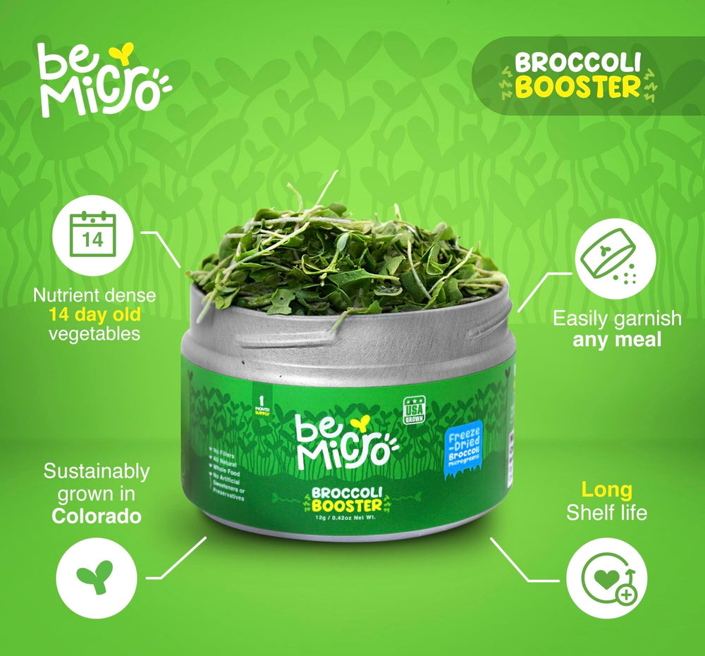 BeMicro US-grown microgreens tin resting on a countertop, showcasing small-batch freshness.
