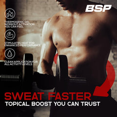 Benavidez Sweat Faster target areas stomach illustration suggests targeted sweating for core workouts.