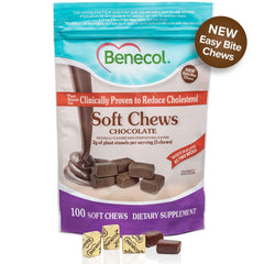 Benecol Soft Chews packaging in a 100-count pouch for easy daily use.