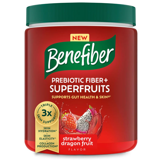 Benefiber Prebiotic Fiber + Superfruits tub close-up highlighting 6g fiber per serving