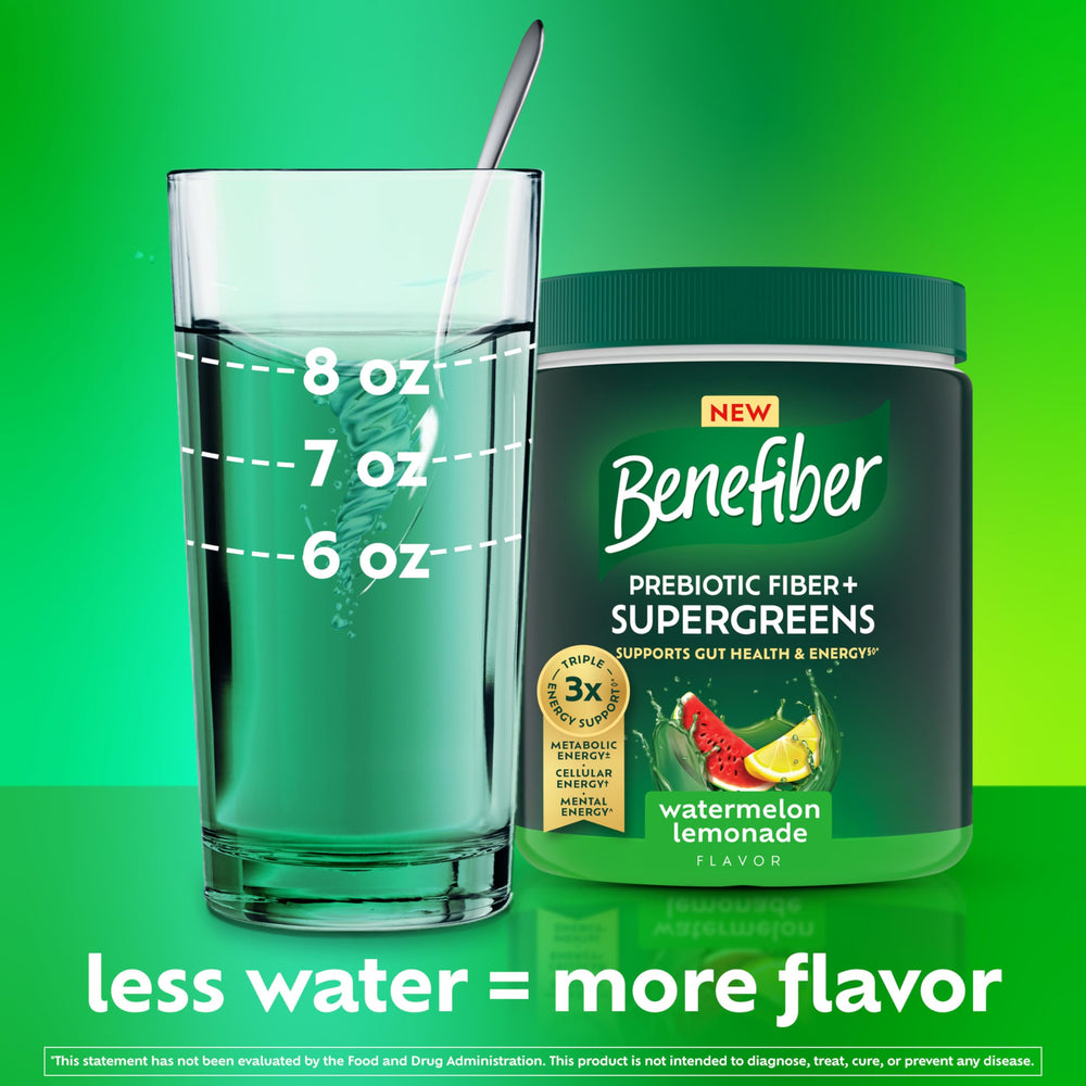 Glass of prepared Benefiber Prebiotic Fiber + Supergreens watermelon lemonade.