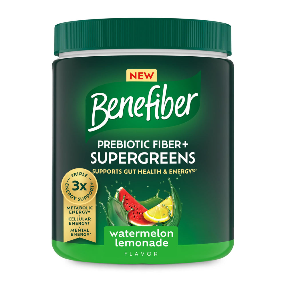 Benefiber Prebiotic Fiber + Supergreens tub; supports digestive health with watermelon lemonade flavor.