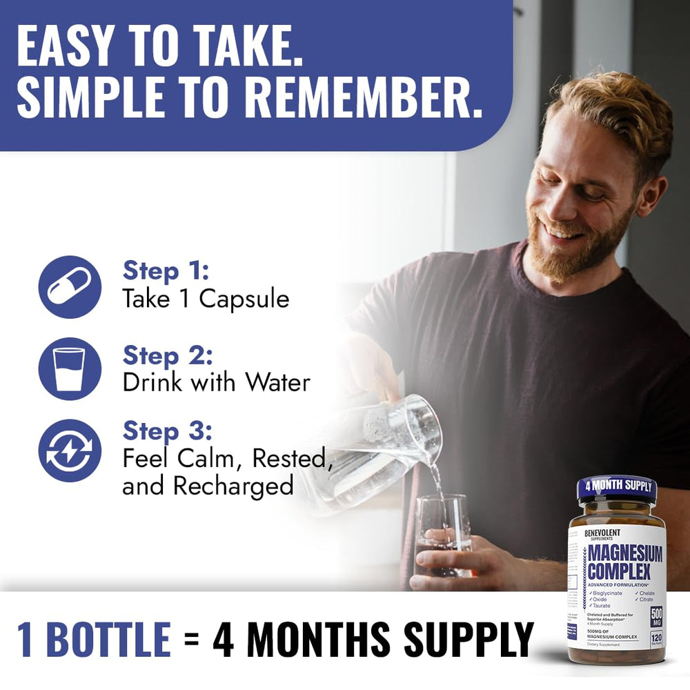 Benevolent Nourishment Magnesium Complex with water at night for restful sleep.