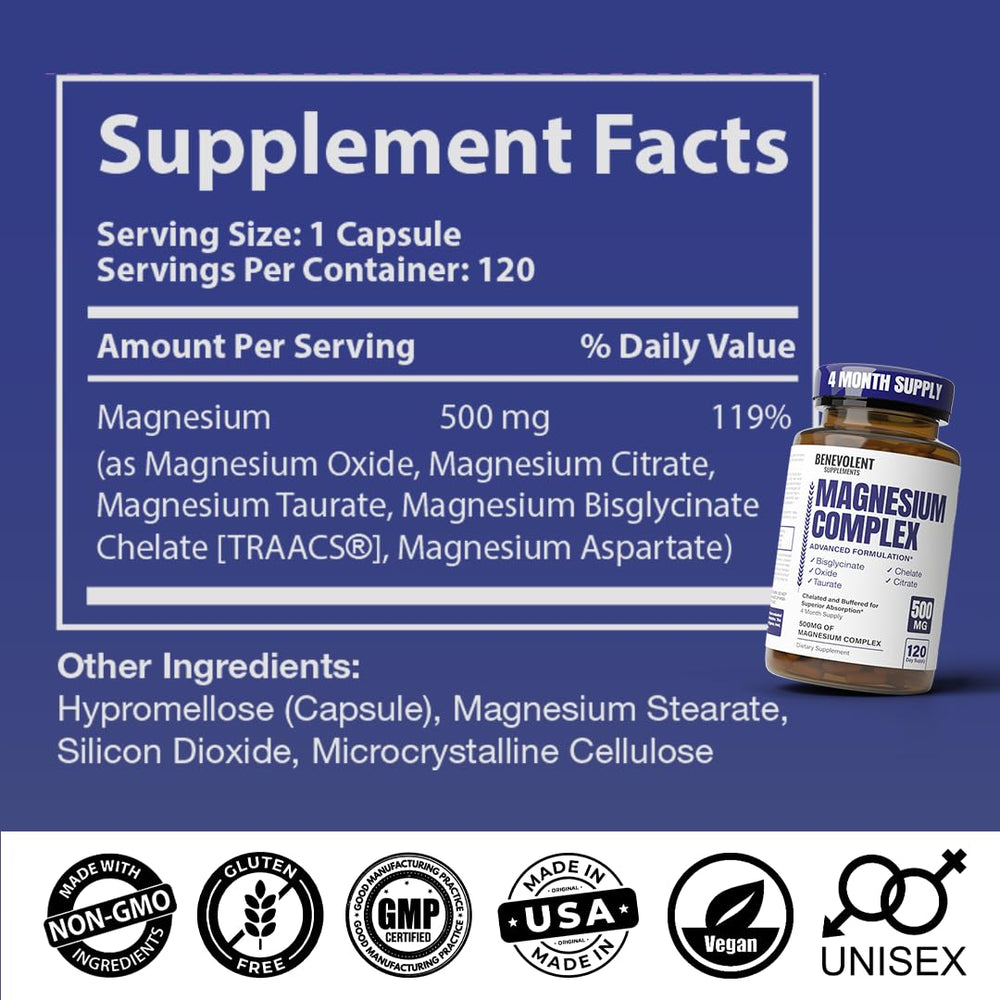 Benevolent Nourishment Magnesium Complex beside gym bag supporting muscle function.