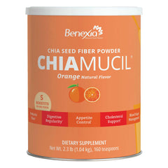 BENEXIA Chiamucil orange pack front shows clean-label prebiotic fiber for digestive health.