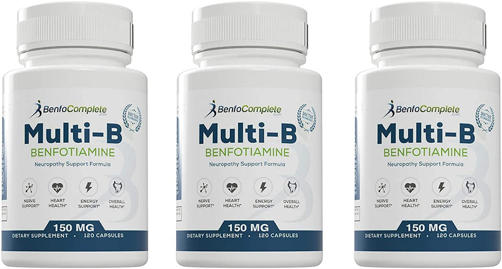 BenfoComplete Benfotiamine Multi-B pack front shows three bottles for neuropathy support.